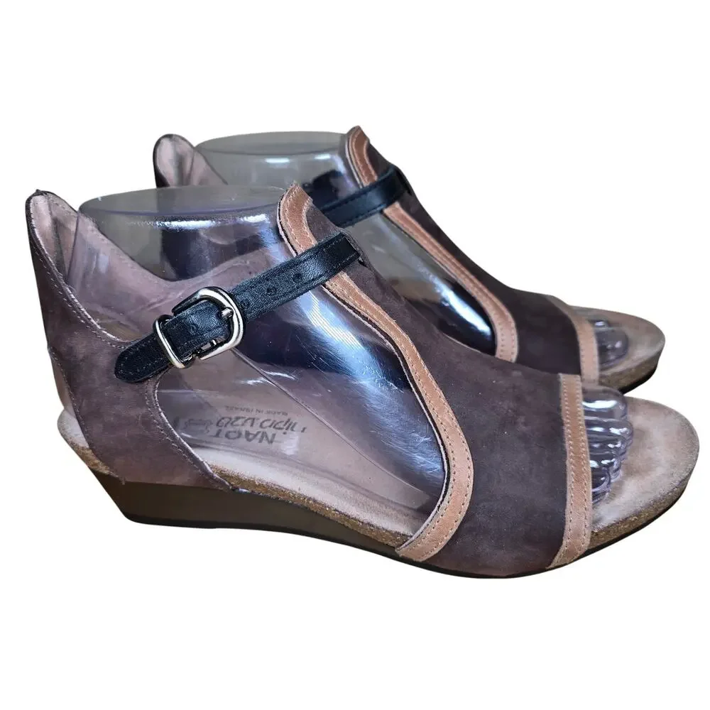 Naot Sandals 37 / 6.5-7 Fiona Beige Lizard Brown Leather Comfort Wedge Worn 1x